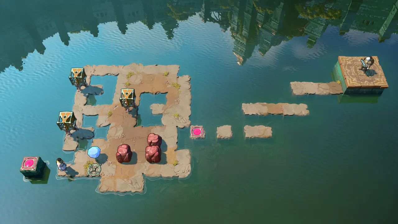A sandbar puzzle in green water with three caged crystal pillars, red boulders, a blue crystal and pink pressure pads leading to a raised exit platform